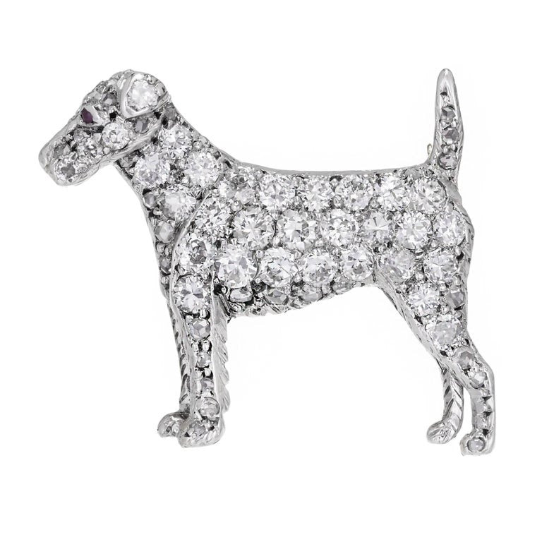 1.24 Carat Pave Diamond Ruby Gold Pointer Dog Brooch