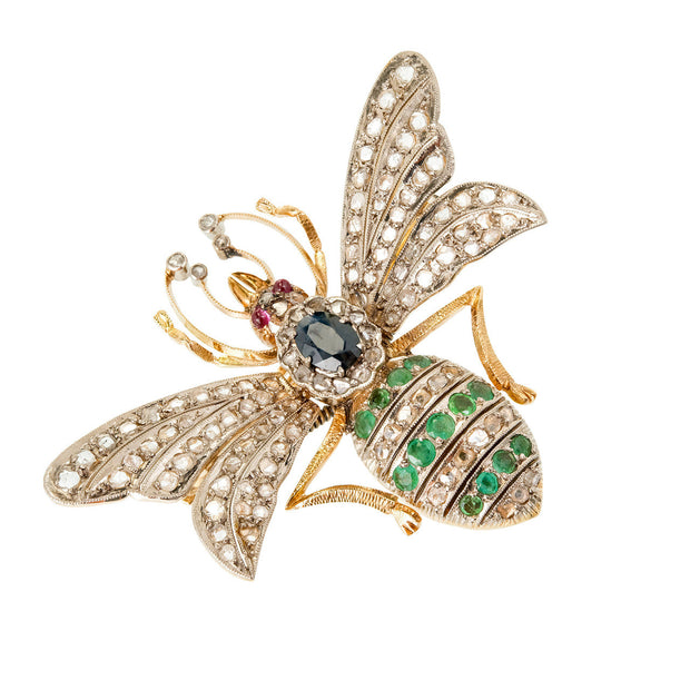 Victorian En Tremblant Honey Bee Pin. Sappphire Diamond Emeral 14K Gold