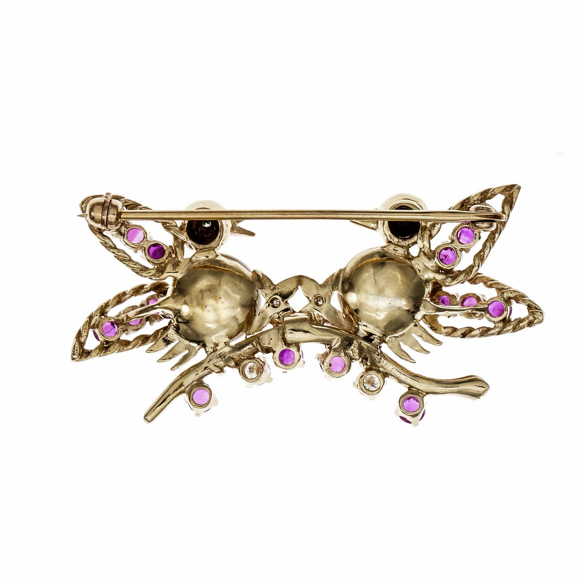 Estate 1950 Love Birds Pin Ruby Diamond Cultured Pearl 14k Yellow Gold – image 2