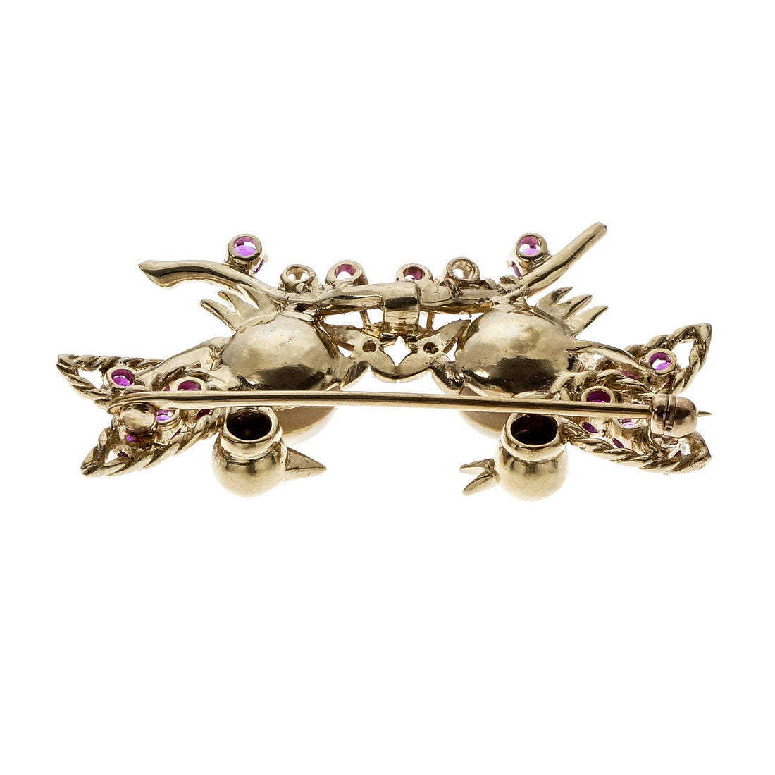 Estate 1950 Love Birds Pin Ruby Diamond Cultured Pearl 14k Yellow Gold – image 3