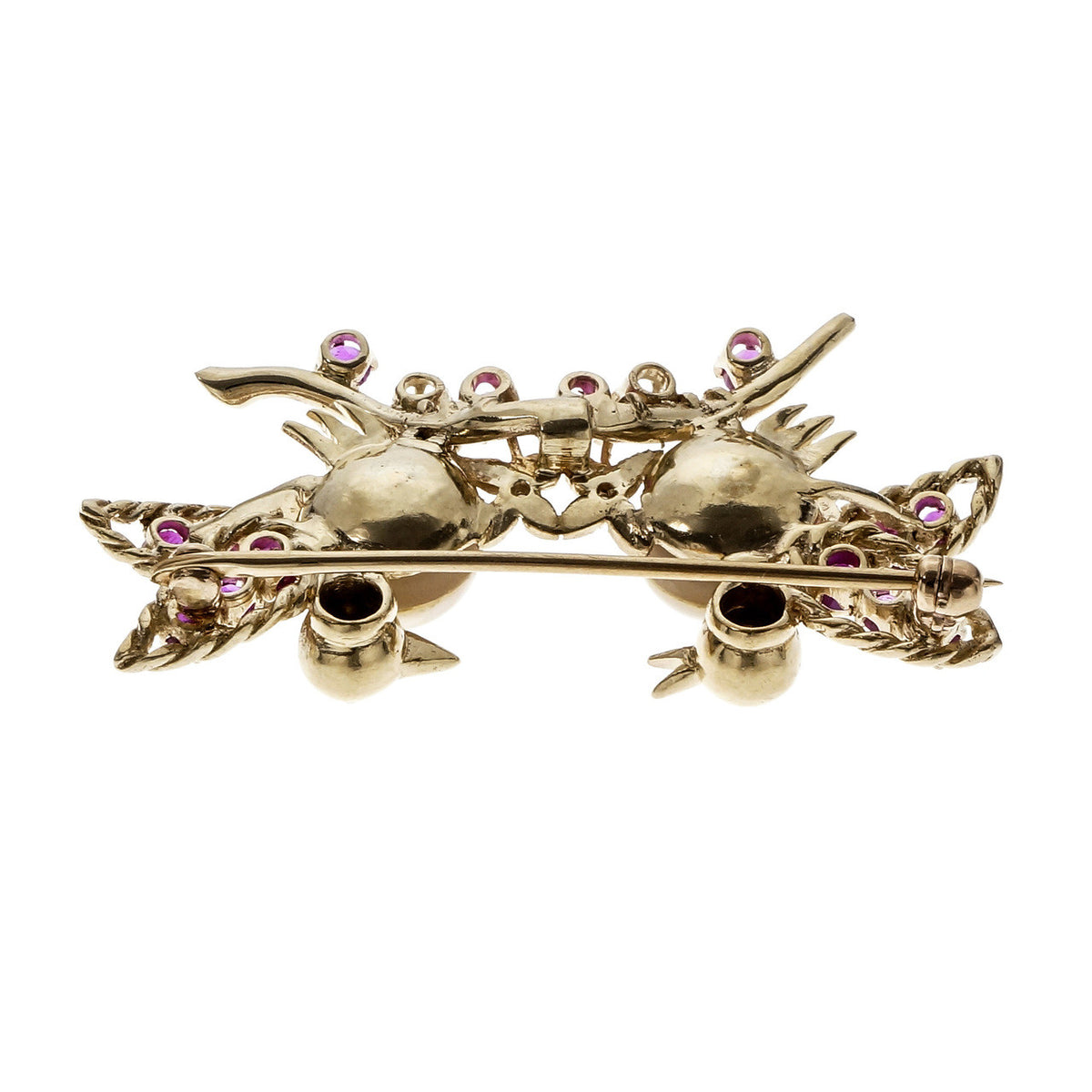 Estate 1950 Love Birds Pin Ruby Diamond Cultured Pearl 14k Yellow Gold – image 3