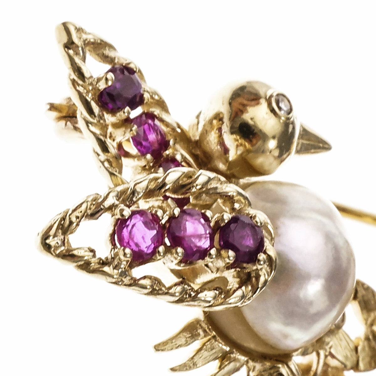 Estate 1950 Love Birds Pin Ruby Diamond Cultured Pearl 14k Yellow Gold – image 4