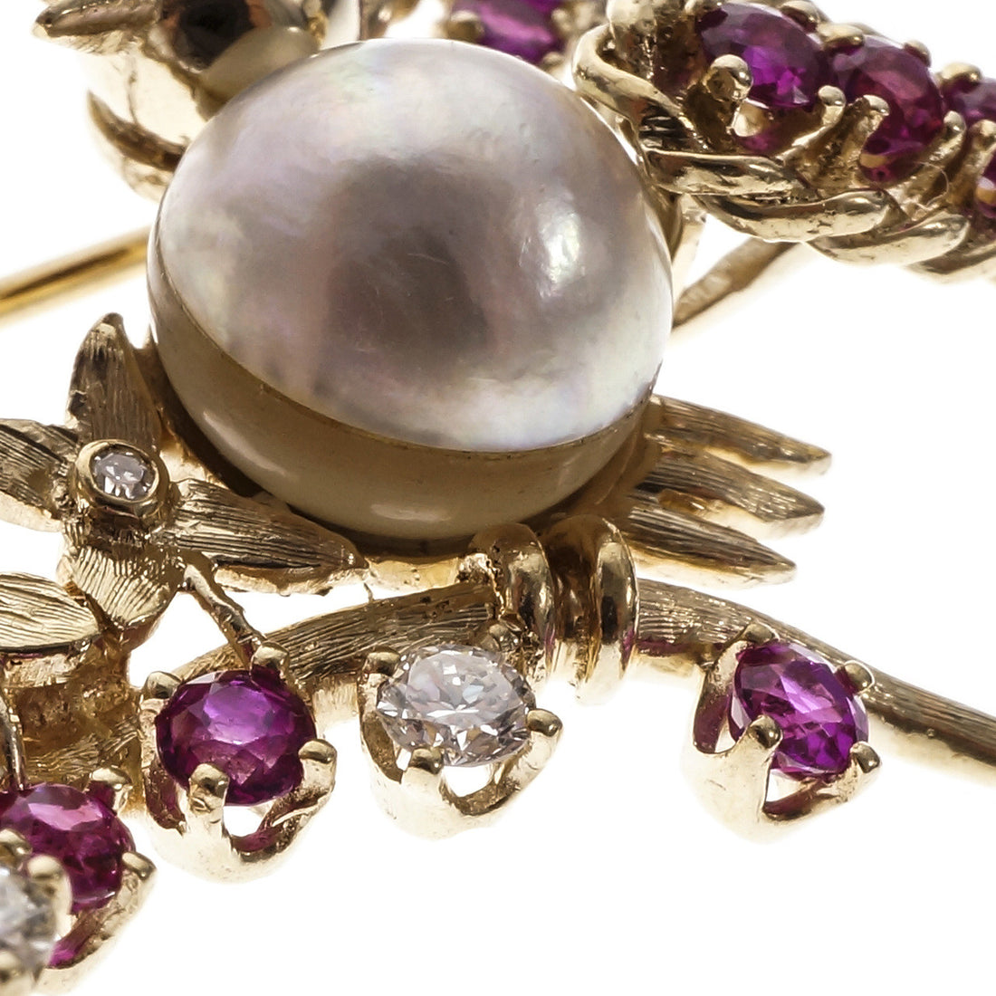 Estate 1950 Love Birds Pin Ruby Diamond Cultured Pearl 14k Yellow Gold – image 5
