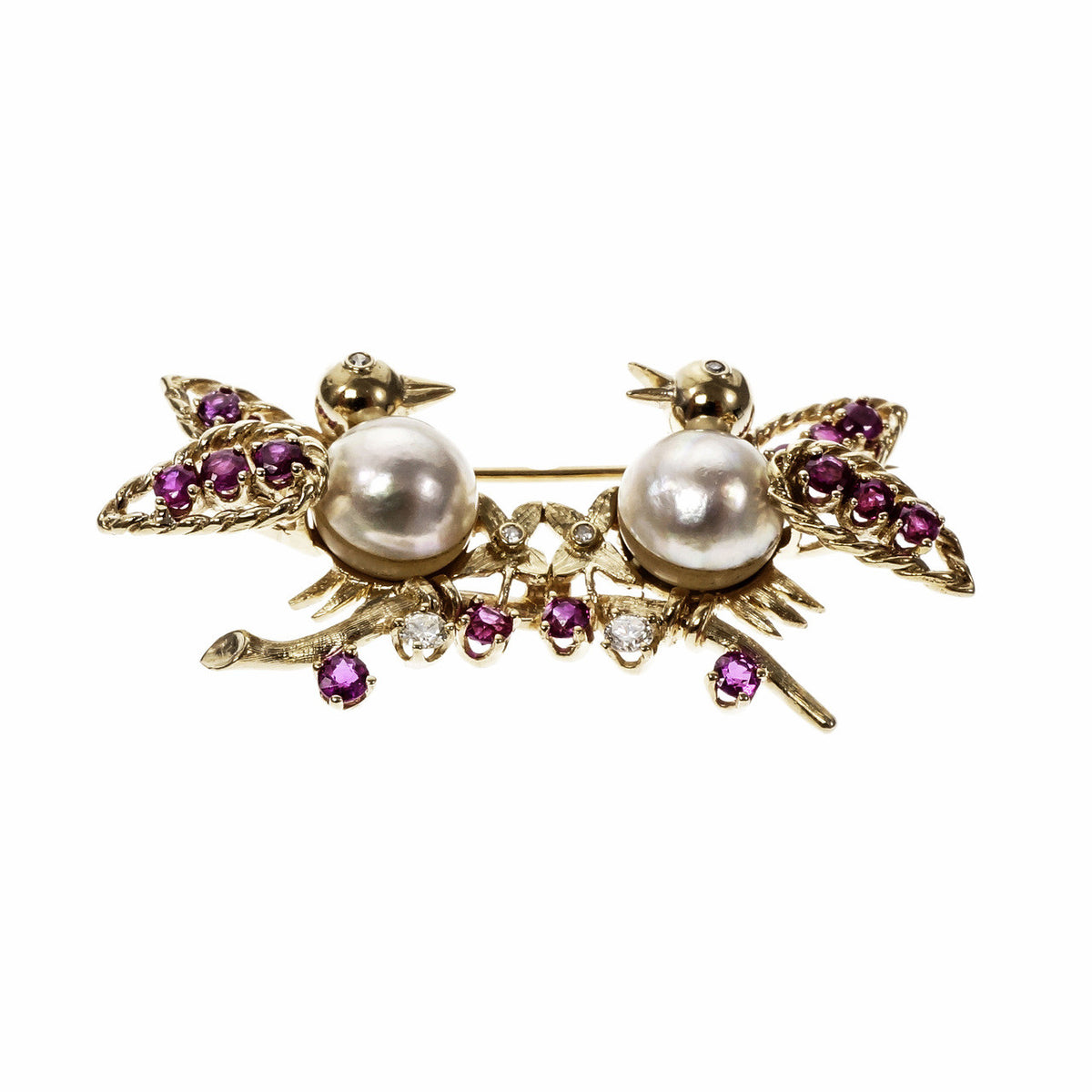 Estate 1950 Love Birds Pin Ruby Diamond Cultured Pearl 14k Yellow Gold – image 6