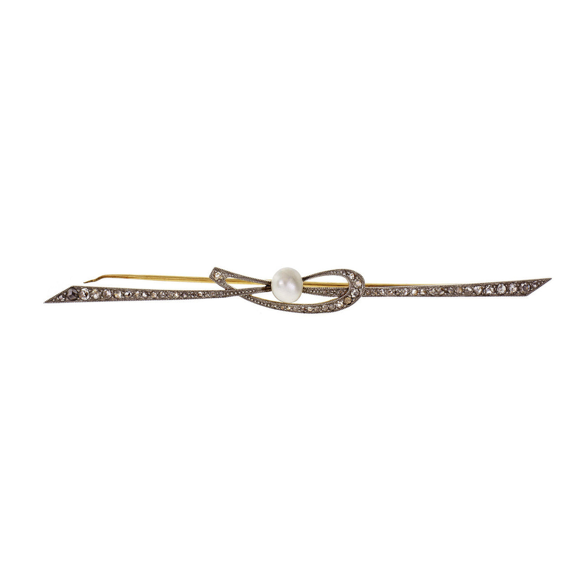 Antique 18k Yellow Gold & Platinum Pearl & Diamond Pin