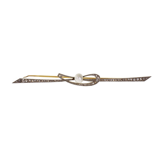 Antique 18k Yellow Gold & Platinum Pearl & Diamond Pin