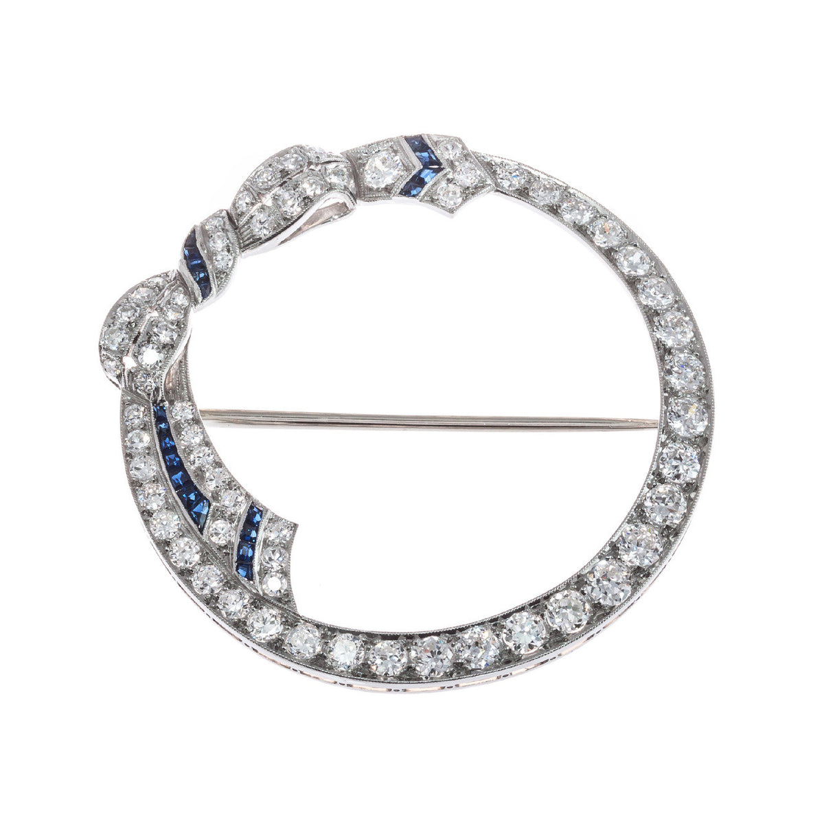 2.00 Carat Diamond Sapphire 14k White Gold Bow Motif Open Circle Brooch