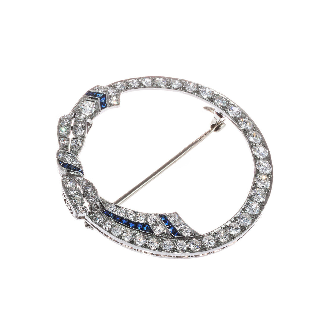 2.00 Carat Diamond Sapphire 14k White Gold Bow Motif Open Circle Brooch – image 2