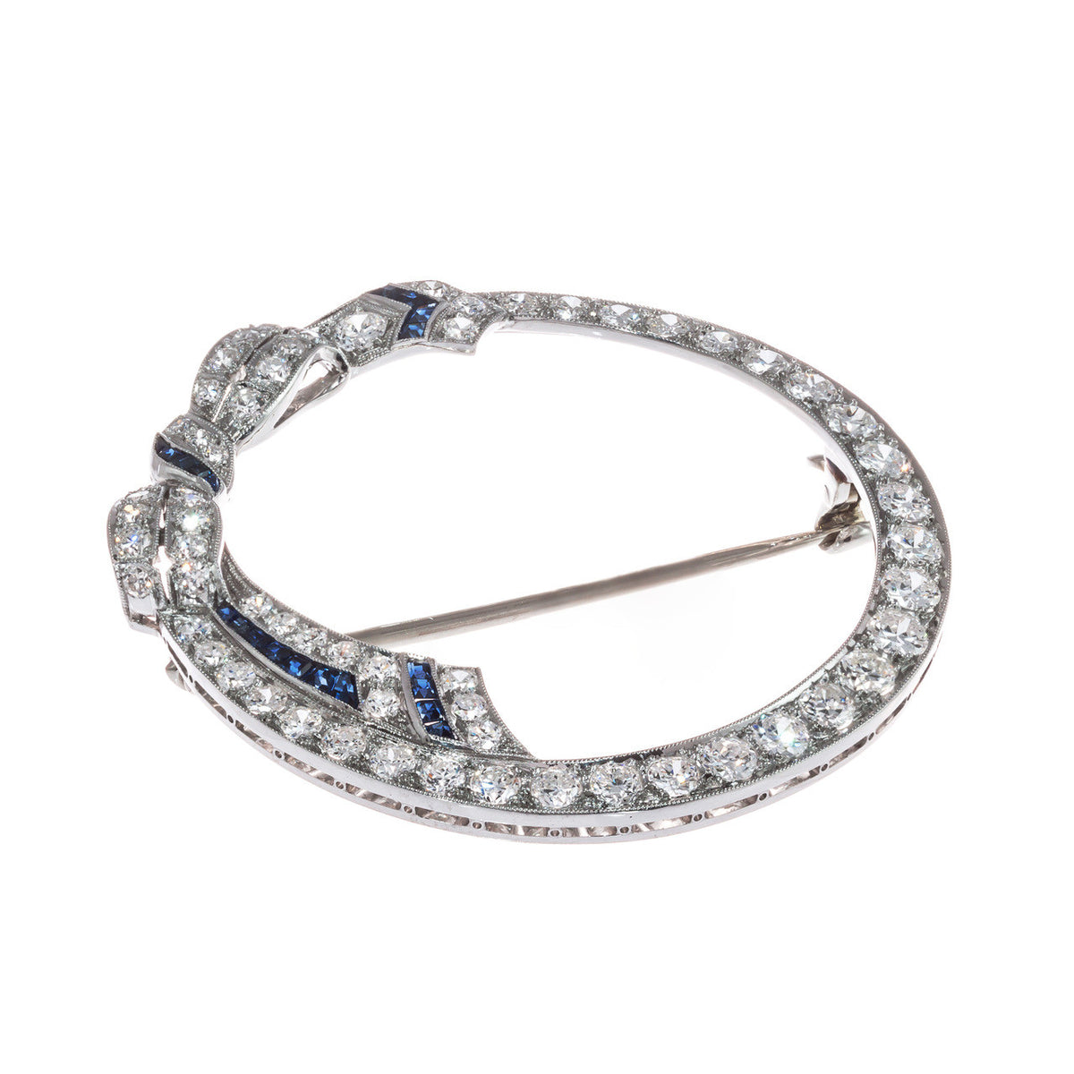 2.00 Carat Diamond Sapphire 14k White Gold Bow Motif Open Circle Brooch – image 3