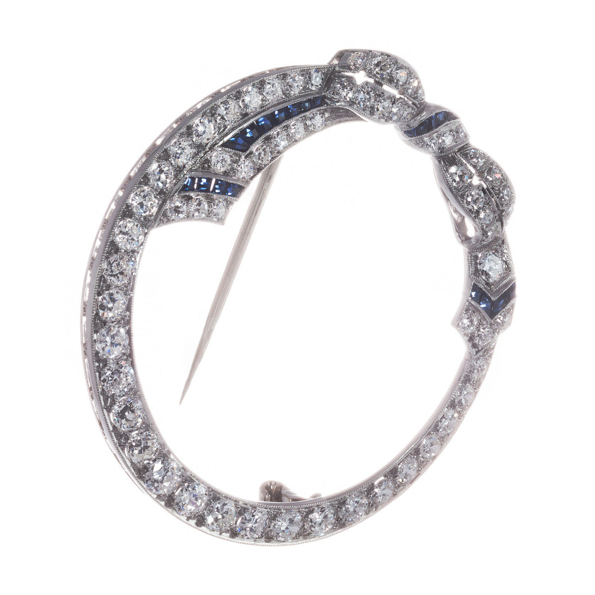2.00 Carat Diamond Sapphire 14k White Gold Bow Motif Open Circle Brooch – image 4
