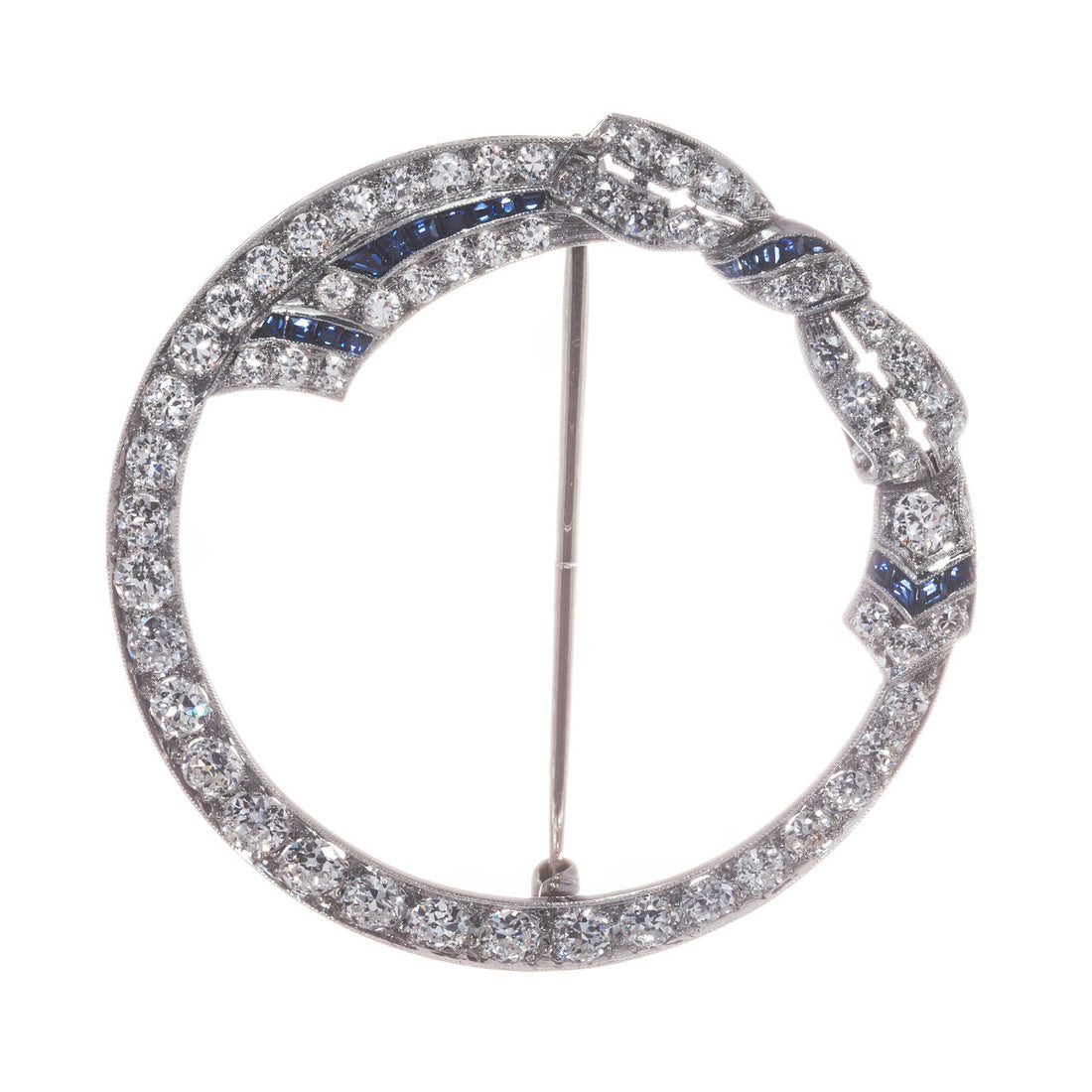 2.00 Carat Diamond Sapphire 14k White Gold Bow Motif Open Circle Brooch – image 5