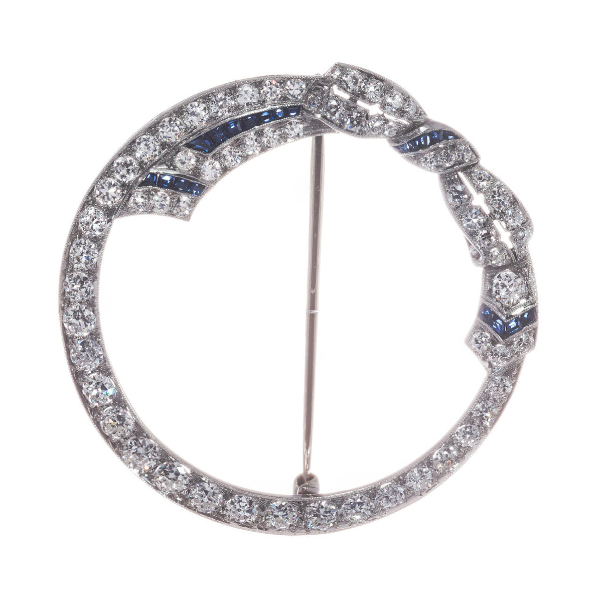 2.00 Carat Diamond Sapphire 14k White Gold Bow Motif Open Circle Brooch – image 5