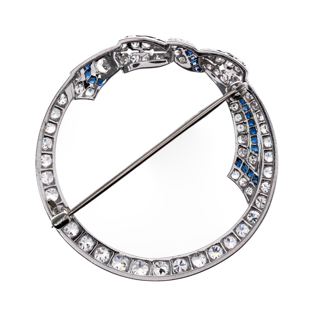 2.00 Carat Diamond Sapphire 14k White Gold Bow Motif Open Circle Brooch – image 6