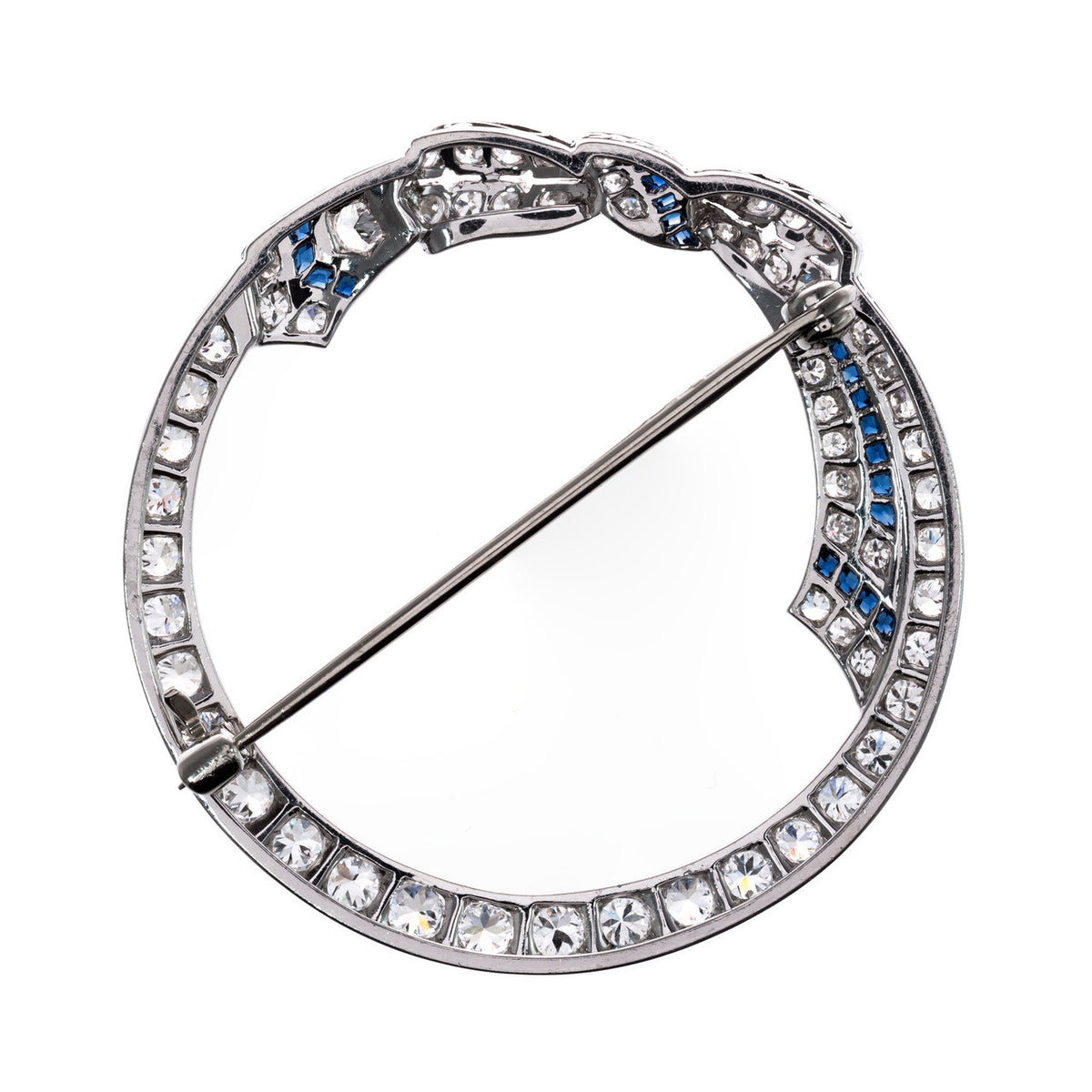 2.00 Carat Diamond Sapphire 14k White Gold Bow Motif Open Circle Brooch – image 6