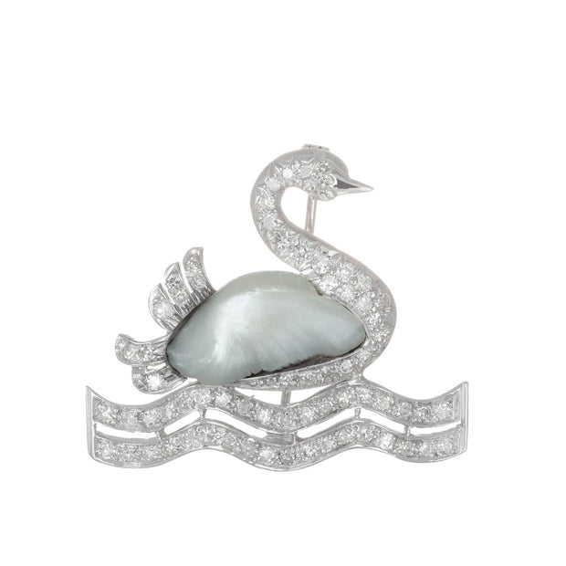 .75 Carat Diamond Peal White Gold Swan Midcentury Brooch