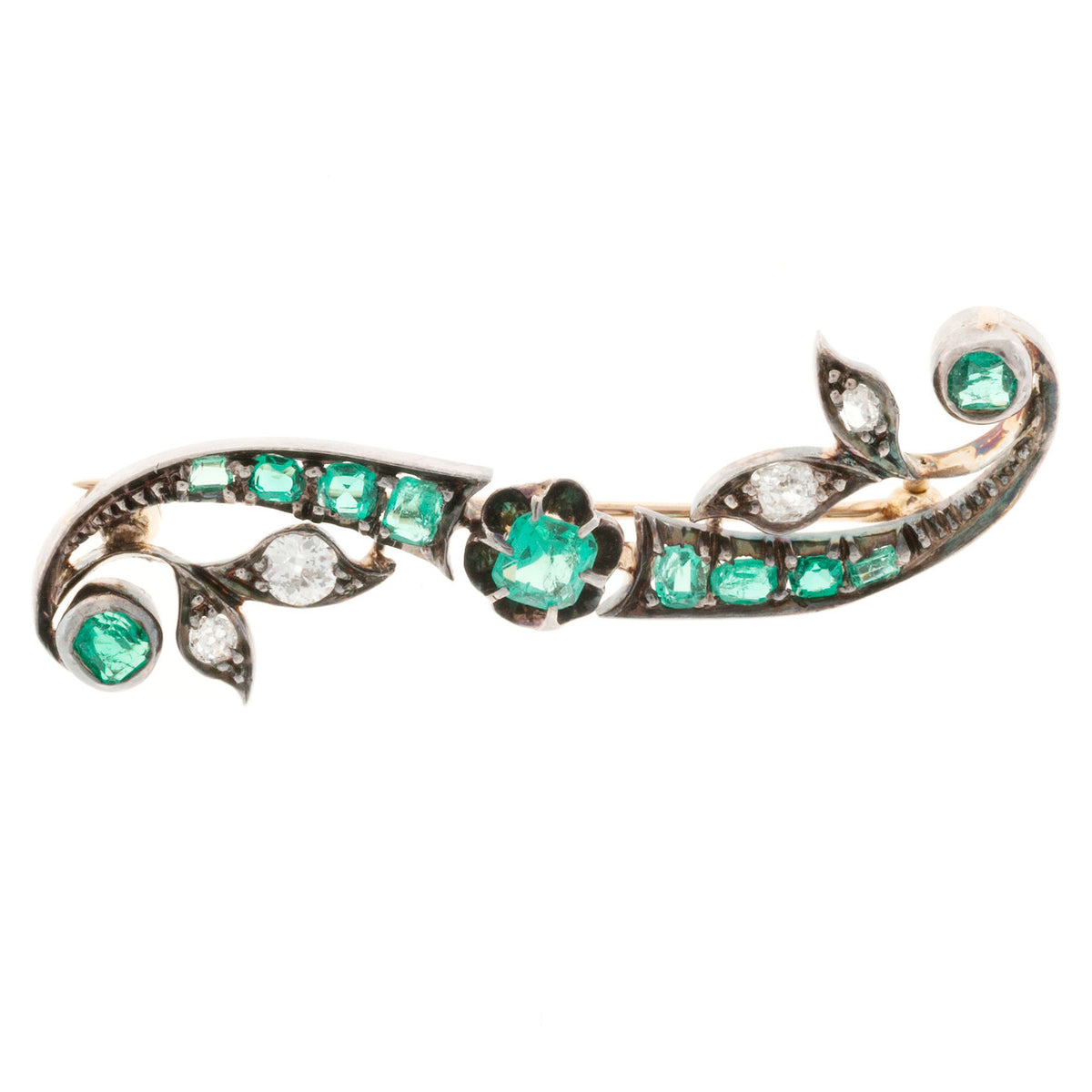 Vintage Natural Gem Beryl Emerald Mine Diamond Victorian 14k Silver Top Pin