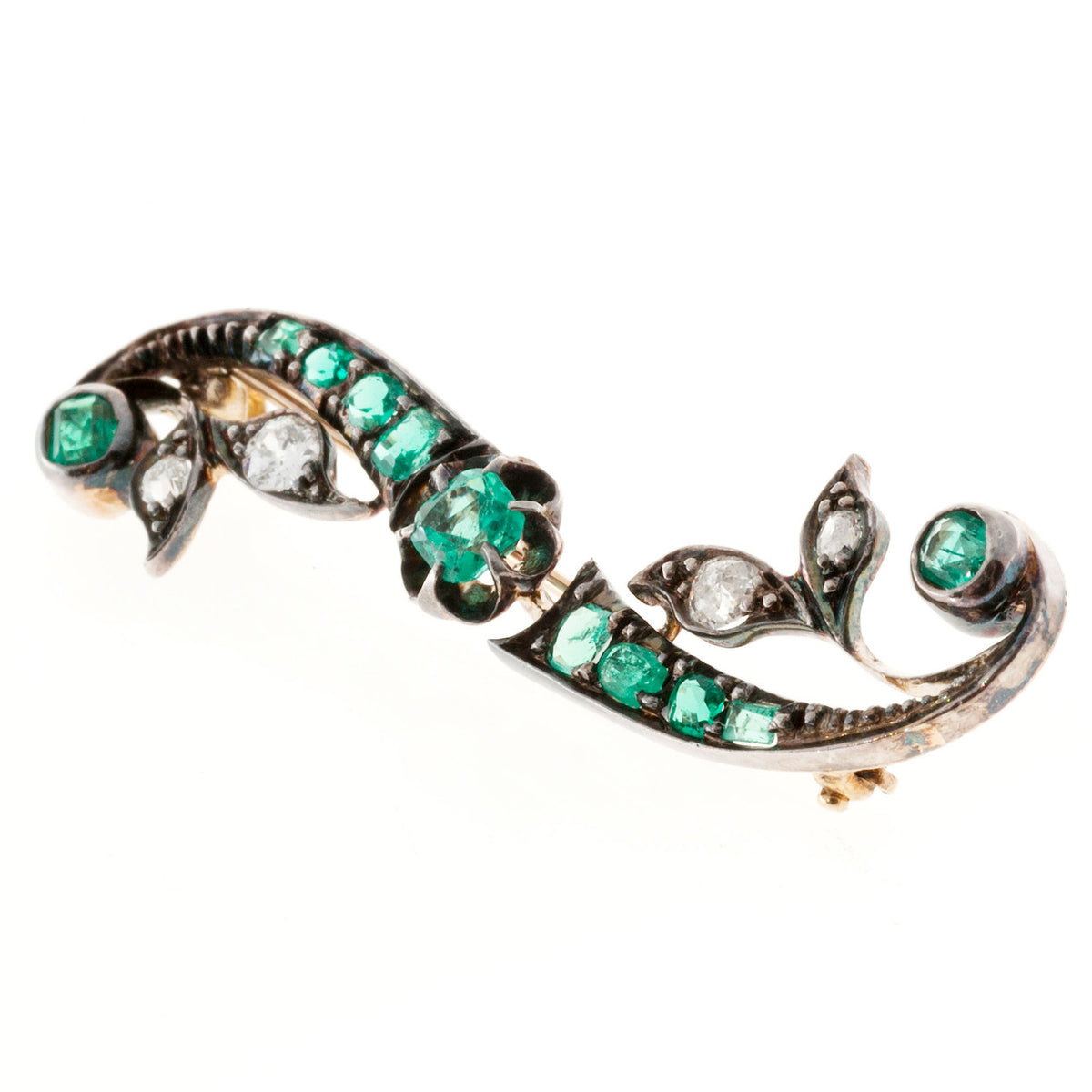 Vintage Natural Gem Beryl Emerald Mine Diamond Victorian 14k Silver Top Pin – image 3