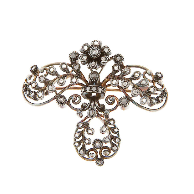 Vintage Victorian 14k Gold & Silver Dark Patina 41 Rose Cut Diamond Dangle Pin
