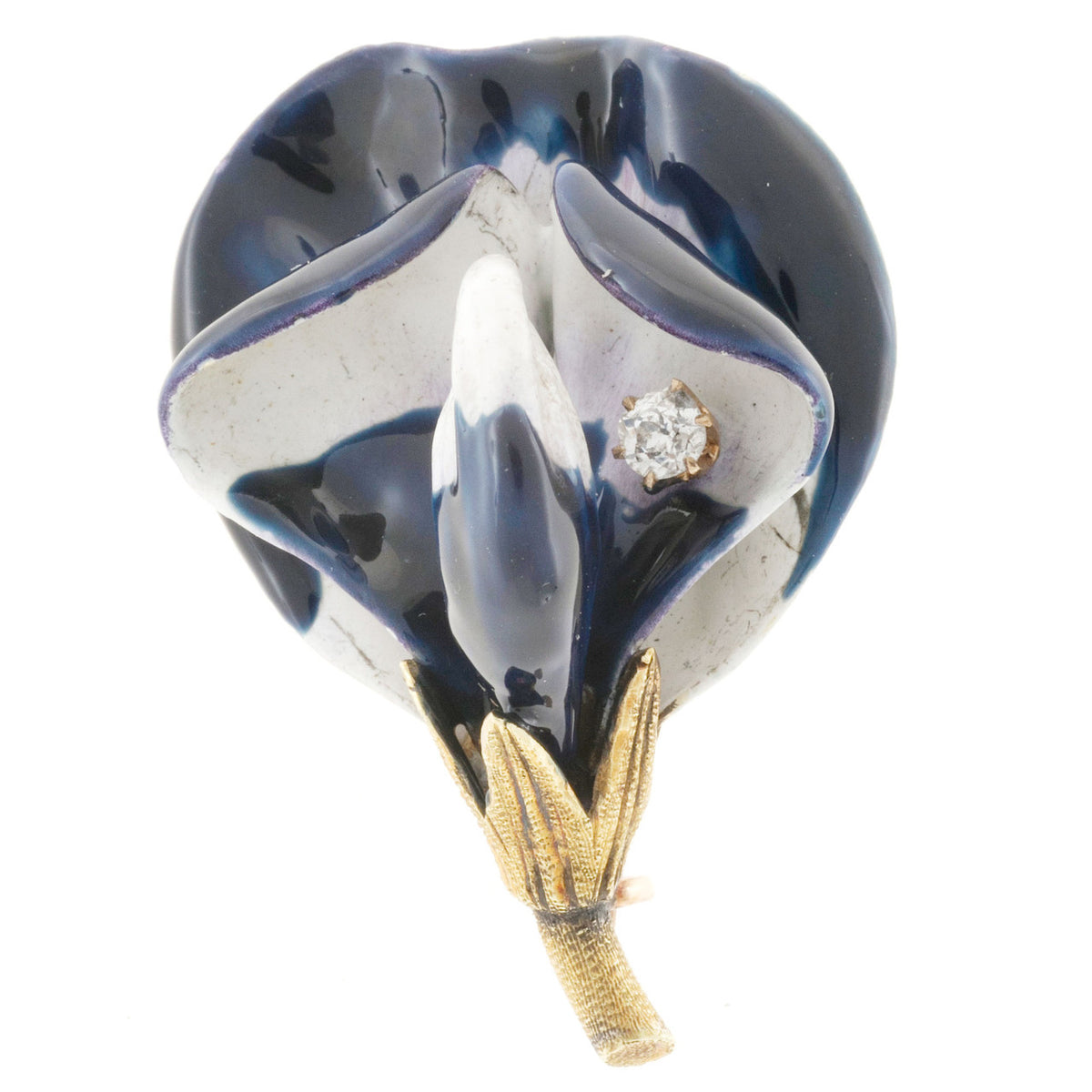 Vintage 3-D 14k Old Mine Cut Diamond Blue White Orchid Hand Textured Pin