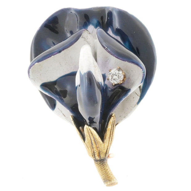 Vintage 3-D 14k Old Mine Cut Diamond Blue White Orchid Hand Textured Pin