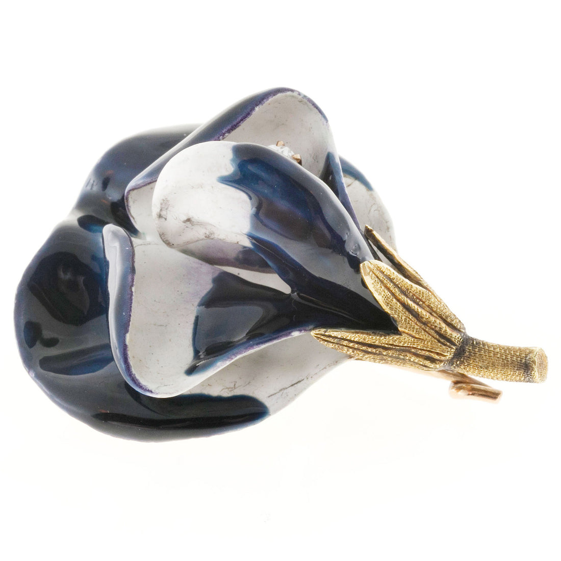 Vintage 3-D 14k Old Mine Cut Diamond Blue White Orchid Hand Textured Pin – image 4