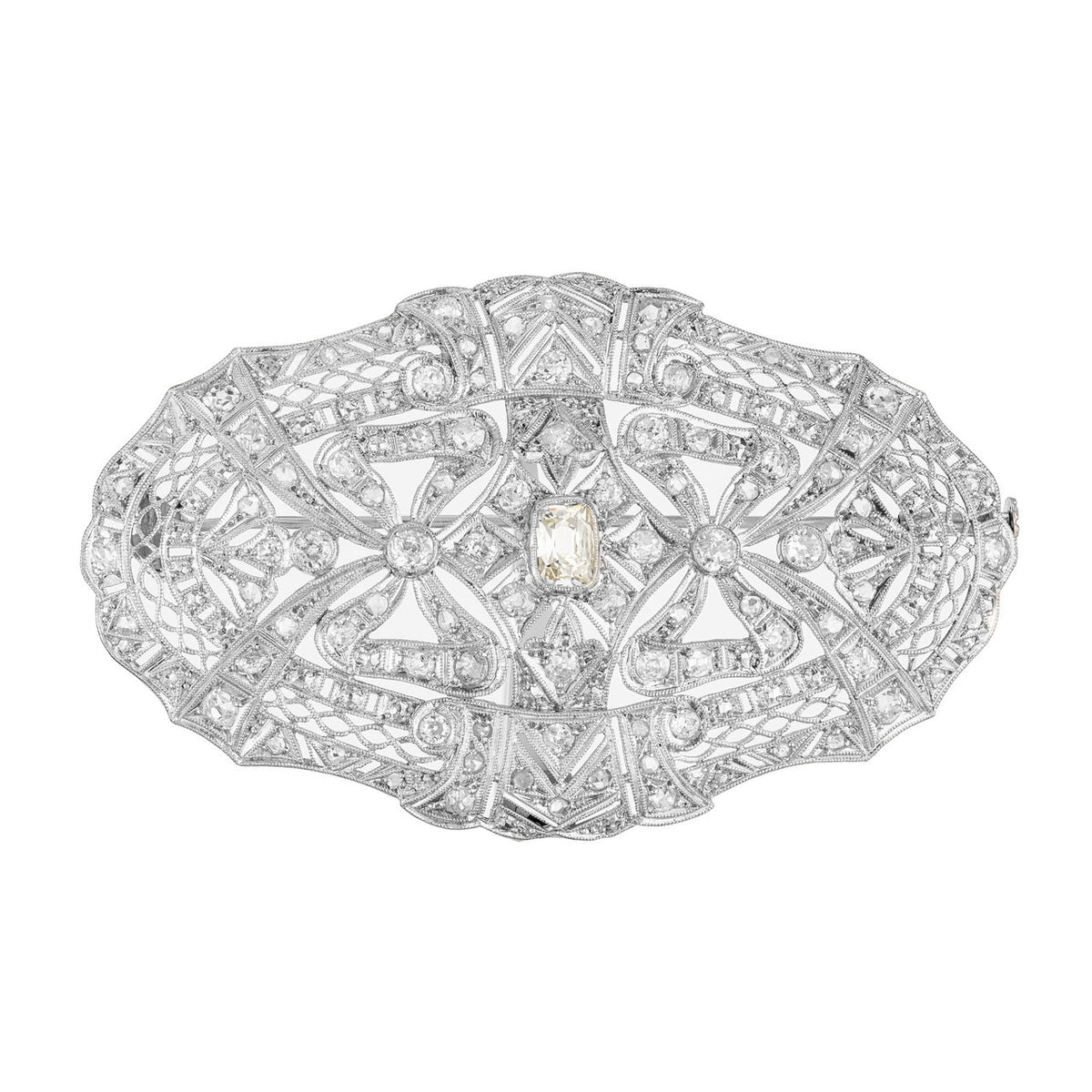 2.85 Carat Art Deco Diamond Platinum Oval Filigree Brooch