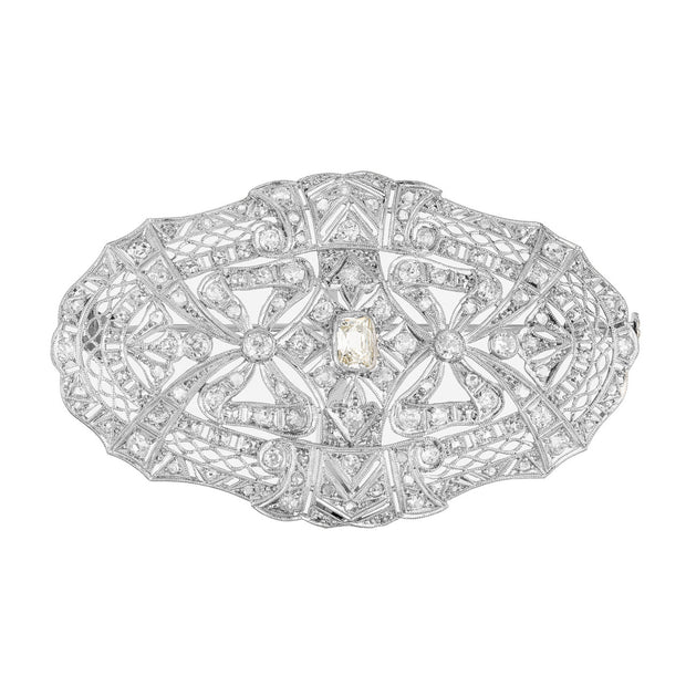 2.85 Carat Art Deco Diamond Platinum Oval Filigree Brooch