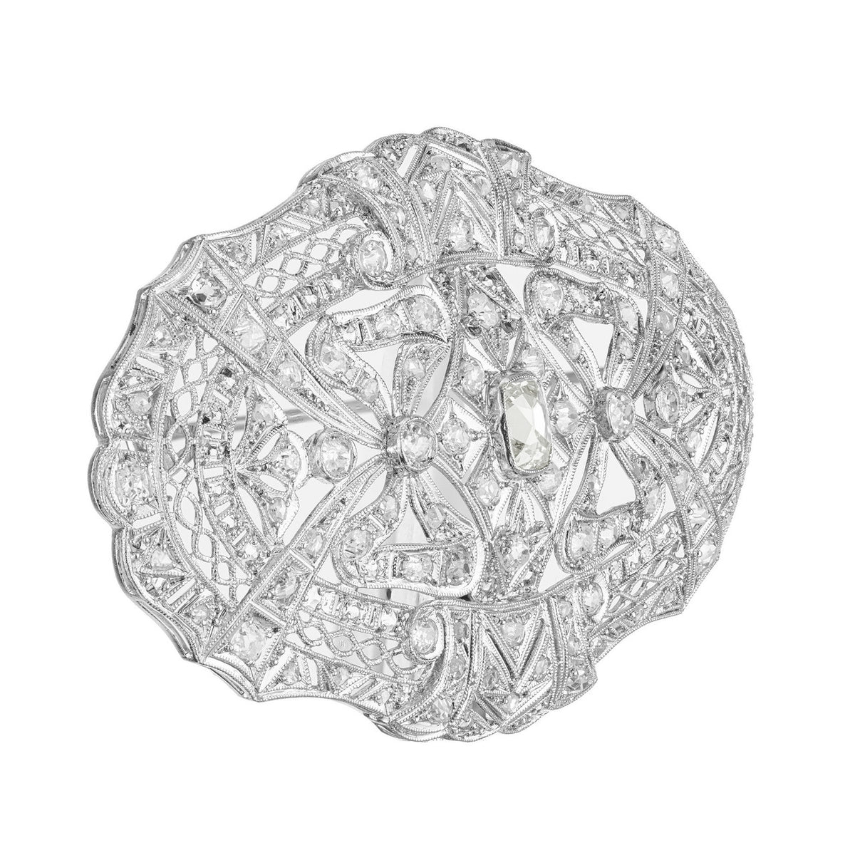 2.85 Carat Art Deco Diamond Platinum Oval Filigree Brooch – image 4