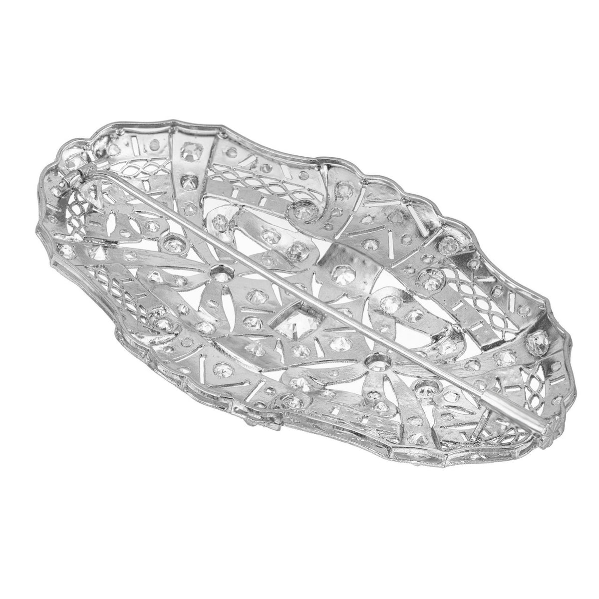2.85 Carat Art Deco Diamond Platinum Oval Filigree Brooch – image 2