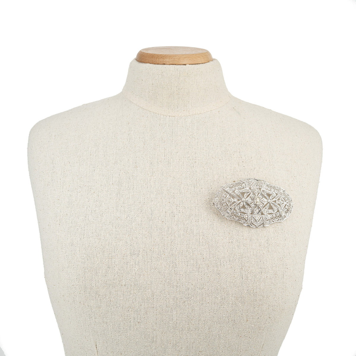 2.85 Carat Art Deco Diamond Platinum Oval Filigree Brooch – image 3