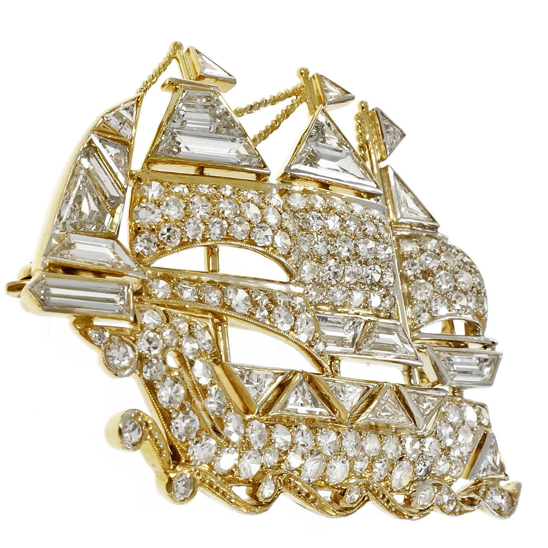 Vintage Sail Boat Ship Pin Fancy Cut Round Diamonds 18k Platinum – image 5