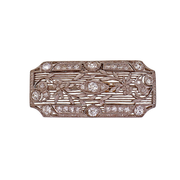 Art Deco 1925 Filigree Diamond Pin Platinum Old European Cut