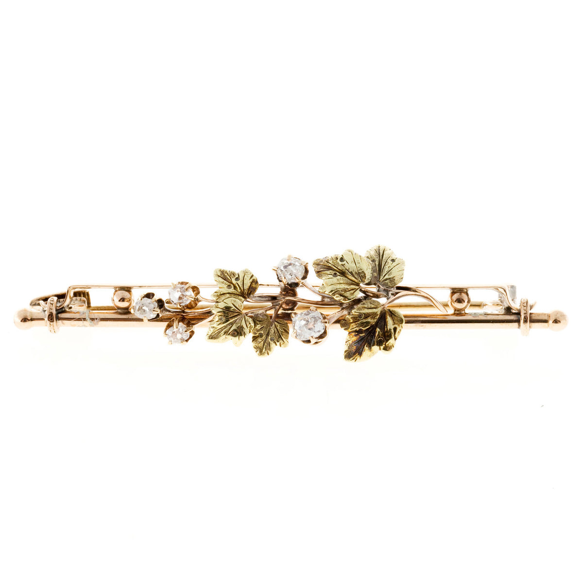 Estate 1830s Rare Pink And Green Gold Flower Old Mine Cushion Cut Diamond Pin
