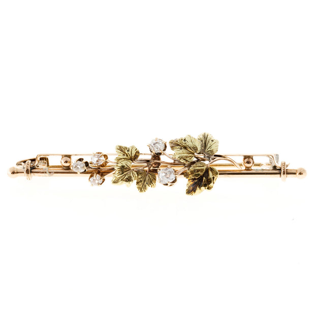 Estate 1830s Rare Pink And Green Gold Flower Old Mine Cushion Cut Diamond Pin
