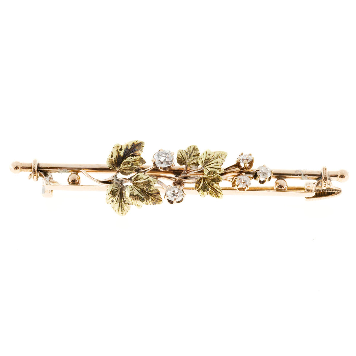Estate 1830s Rare Pink And Green Gold Flower Old Mine Cushion Cut Diamond Pin – image 5