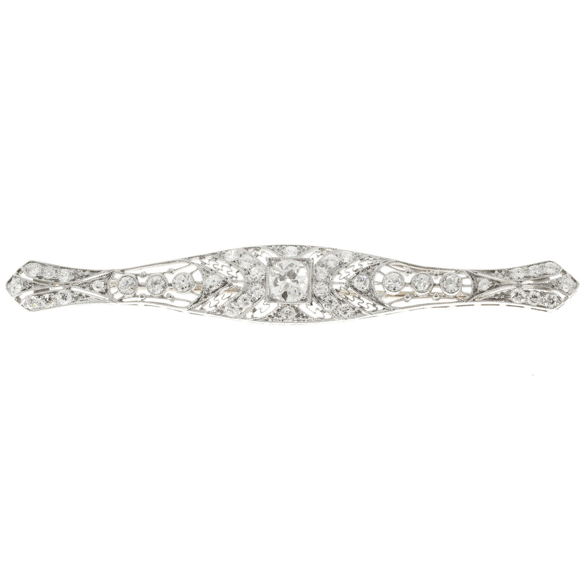 1.56 Old European Diamond Art Deco Platinum Filigree Bar Brooch