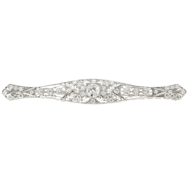 1.56 Old European Diamond Art Deco Platinum Filigree Bar Brooch