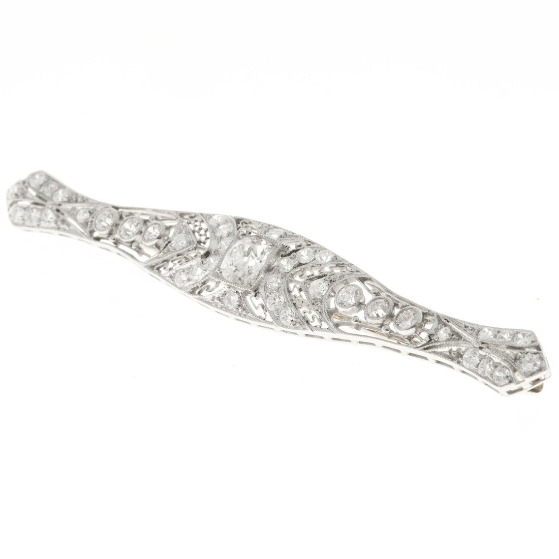 1.56 Old European Diamond Art Deco Platinum Filigree Bar Brooch – image 4