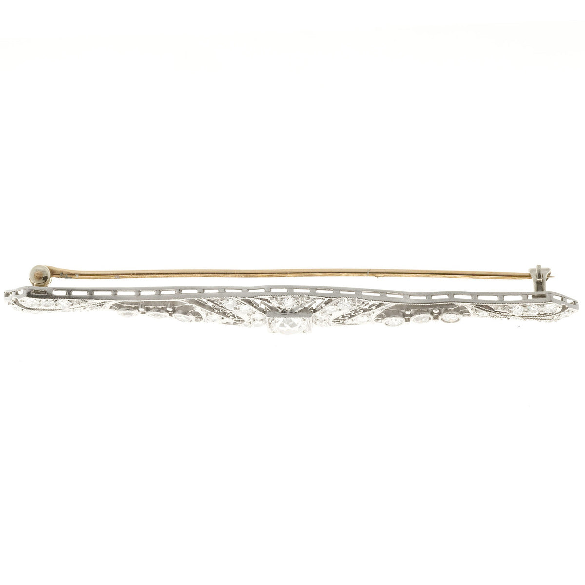 1.56 Old European Diamond Art Deco Platinum Filigree Bar Brooch – image 2