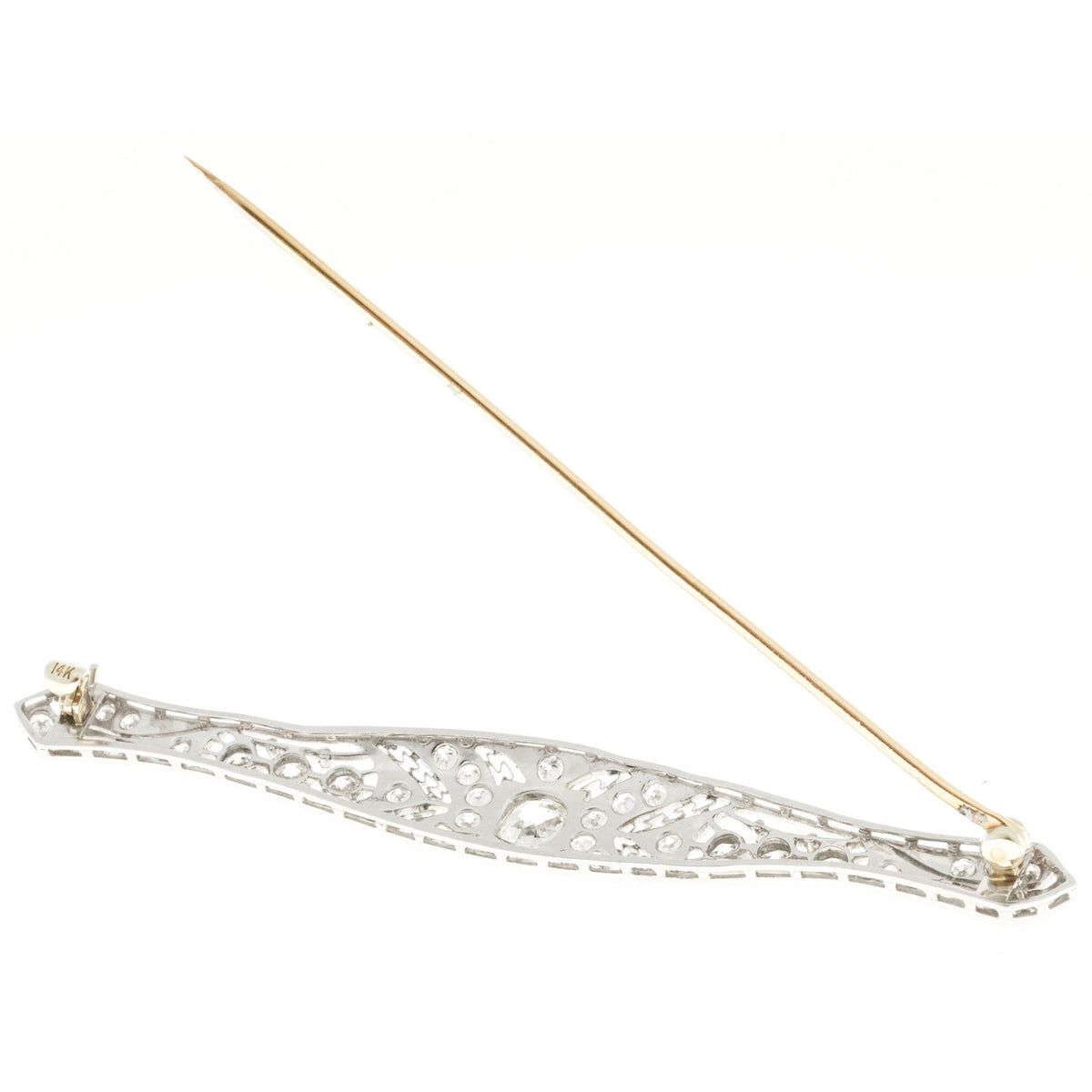 1.56 Old European Diamond Art Deco Platinum Filigree Bar Brooch – image 3