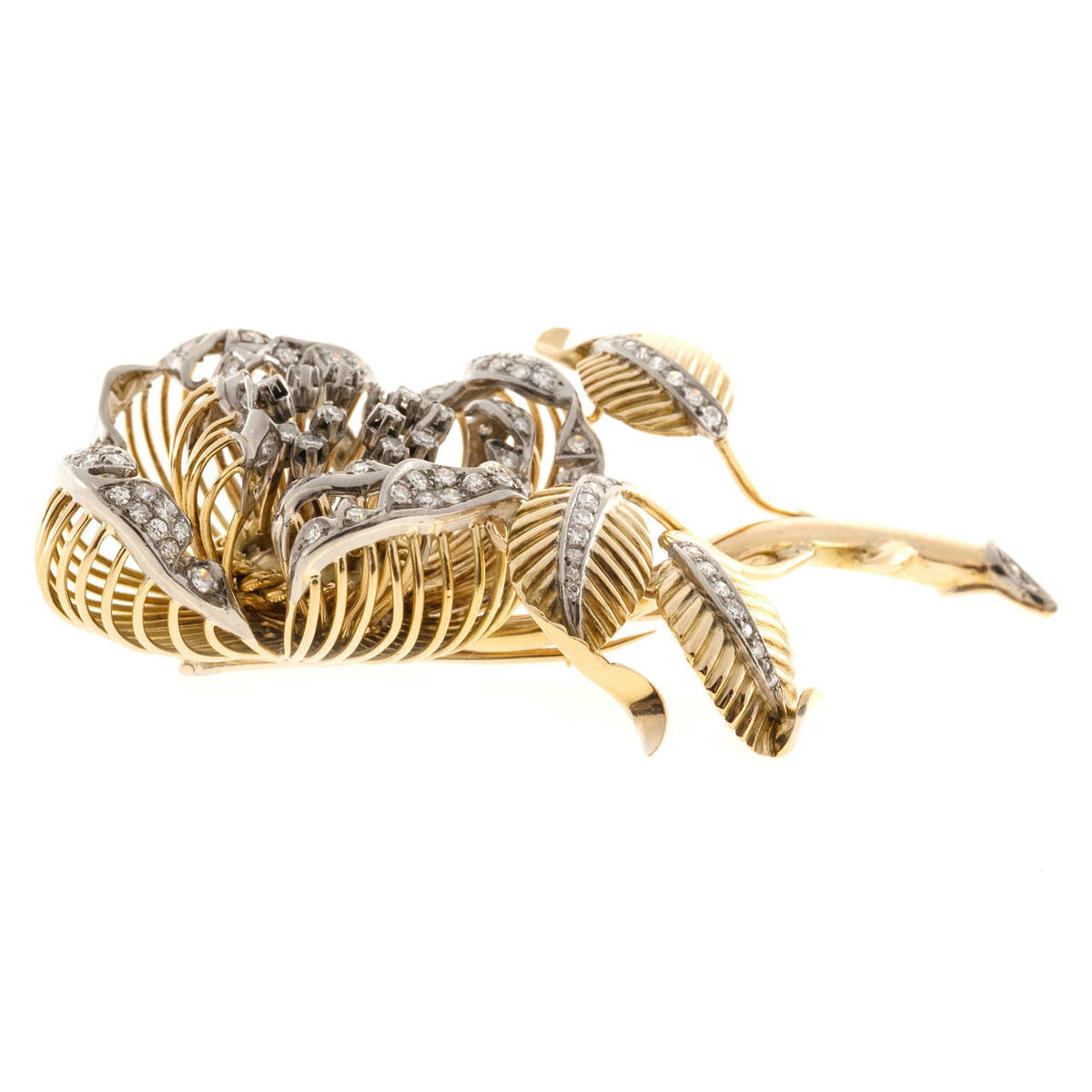2.20 Carat En Tremblant Diamond Two-Tone Gold Flower Brooch – image 3
