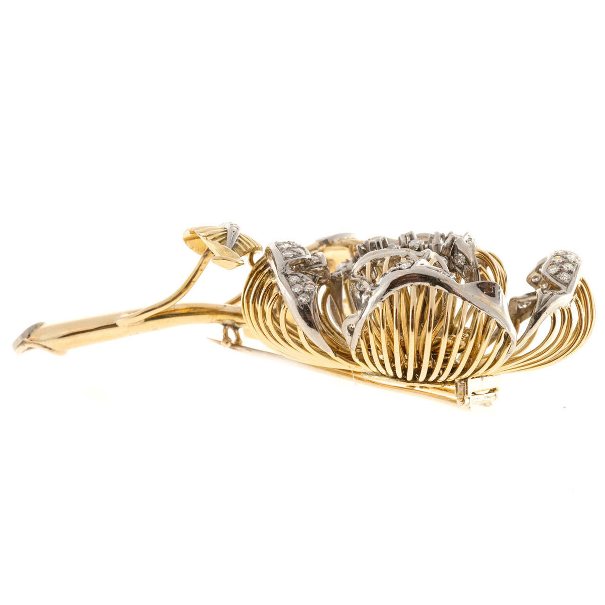 2.20 Carat En Tremblant Diamond Two-Tone Gold Flower Brooch – image 4
