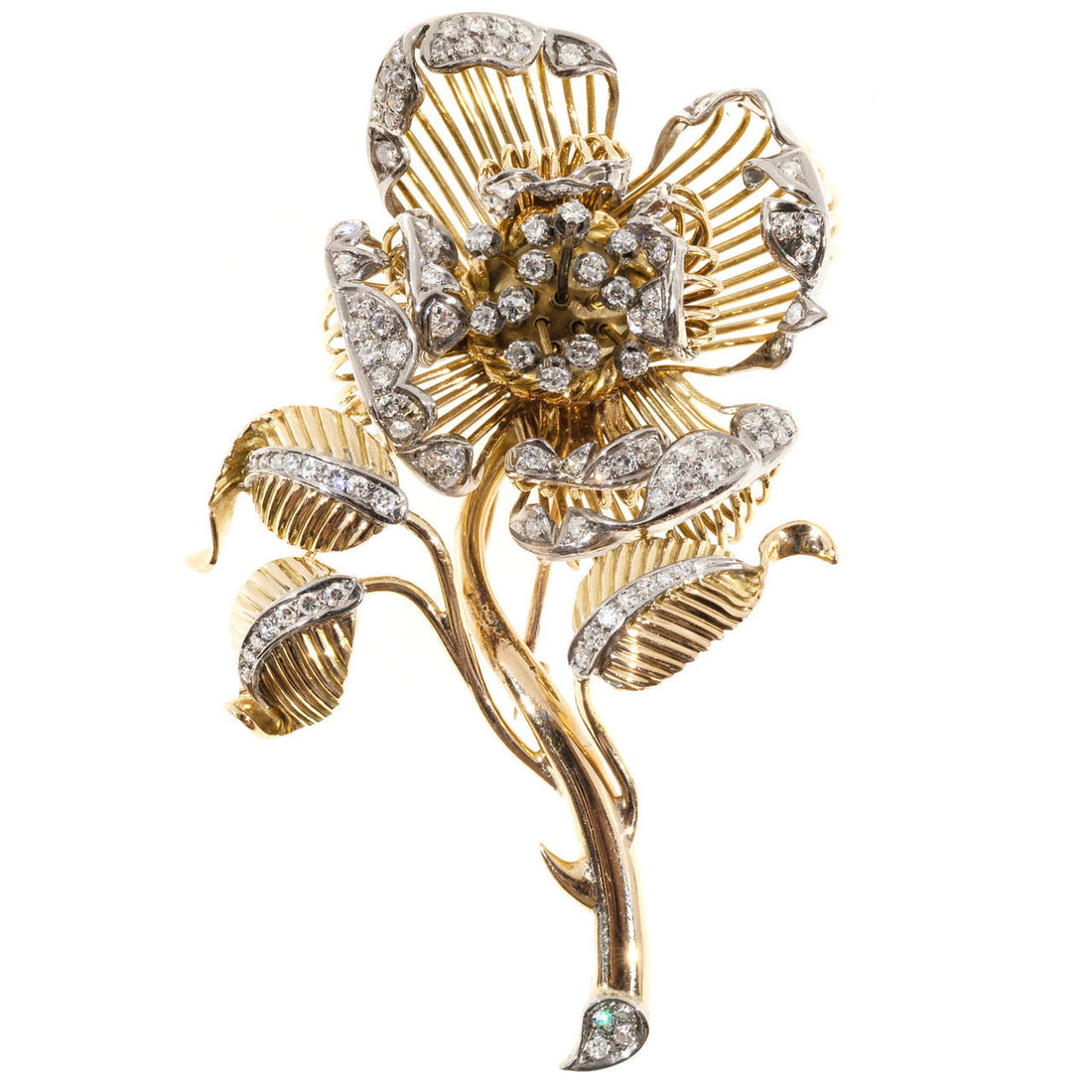2.20 Carat En Tremblant Diamond Two-Tone Gold Flower Brooch – image 5