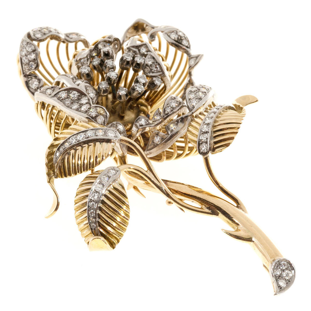 2.20 Carat En Tremblant Diamond Two-Tone Gold Flower Brooch – image 6