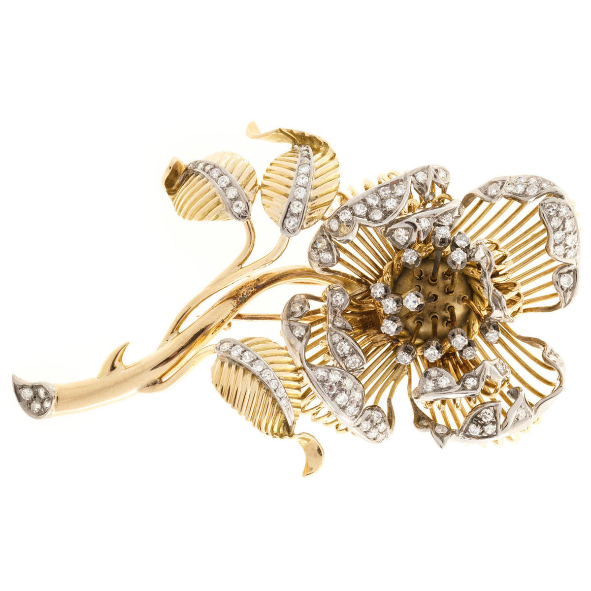 2.20 Carat En Tremblant Diamond Two-Tone Gold Flower Brooch