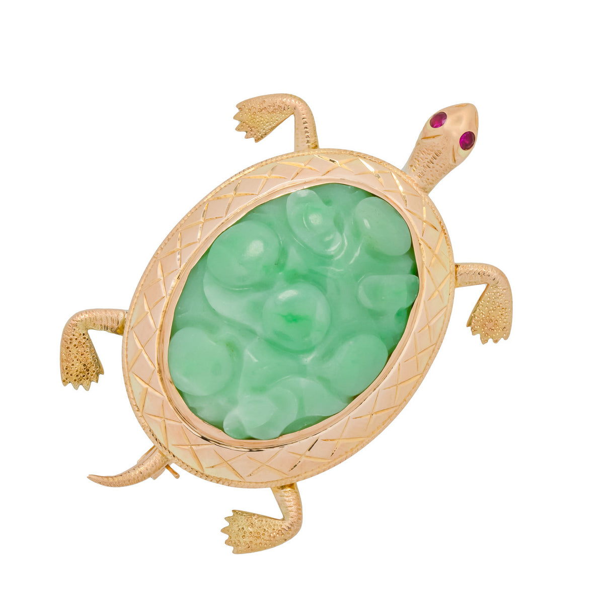 GIA Certified Natural Jadeite Jade Ruby Gold Turtle Brooch