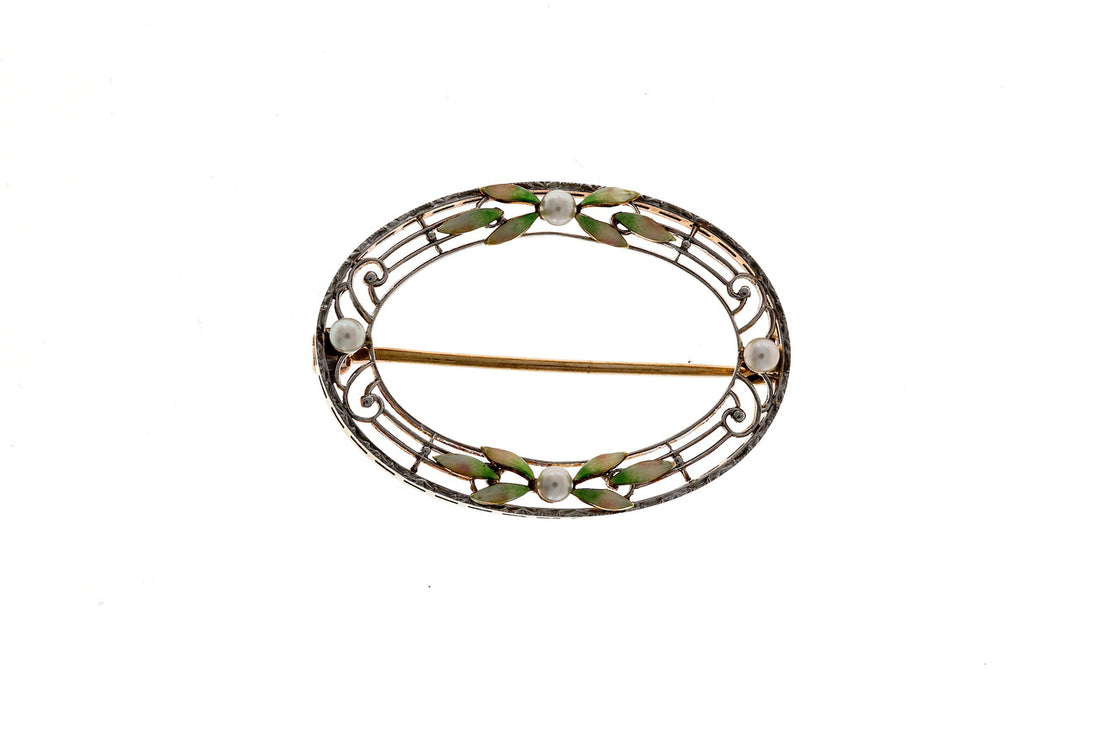 Vintage Platinum Top Open Work Natural Akoya Pearl Green Enamel Flowers Pin – image 2