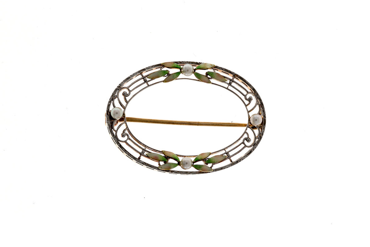 Vintage Platinum Top Open Work Natural Akoya Pearl Green Enamel Flowers Pin – image 2