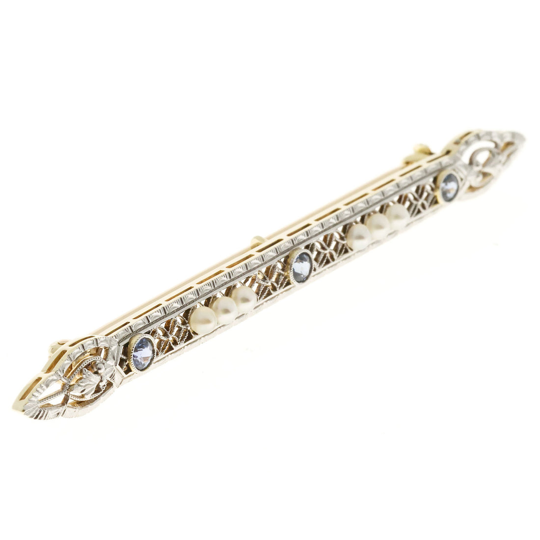 Vintage 1900s Yogo Montana No Heat Sapphire Pearl 14k Yellow Gold Platinum Pin – image 4