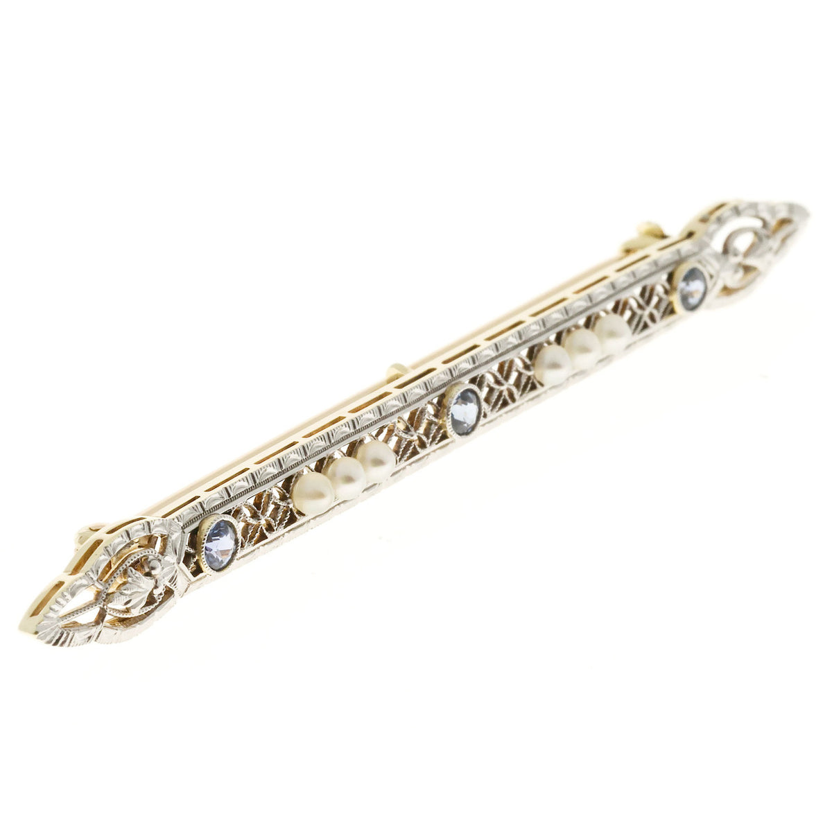 Vintage 1900s Yogo Montana No Heat Sapphire Pearl 14k Yellow Gold Platinum Pin – image 4